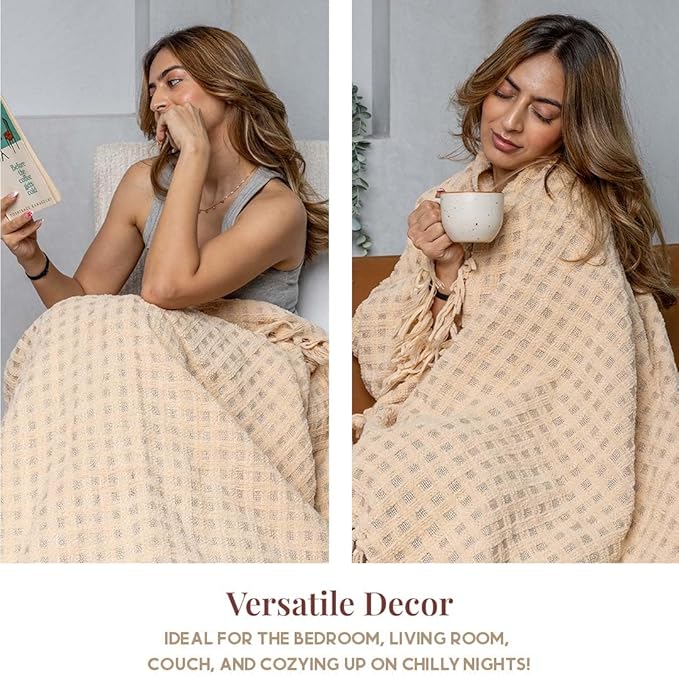 Folkulture Throw Blanket | (60 x 50) Chunky Knit Blanket for Bed, Couch | Boho Chenille White Thick Knitted Throw Blanket | Ultra Soft, Plush, Lightweight, Machine Wash and Giftable Throws