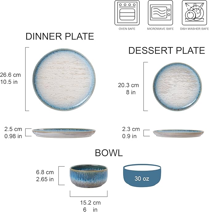 “Talia” 12-piece Stoneware Dinnerware Set with Reactive Glaze Finish, Service for 4, Blue Reactive Glaze