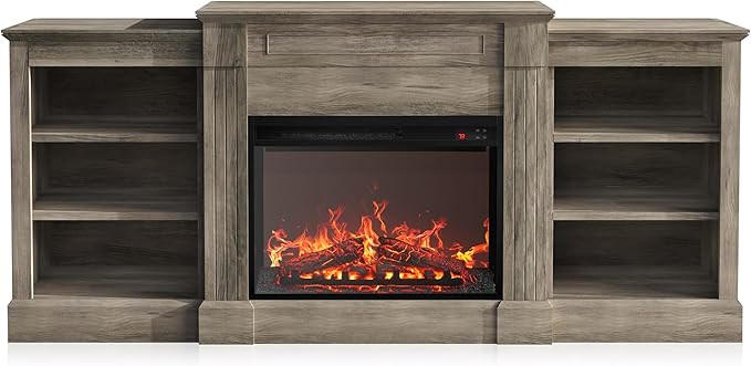 BELLEZE Modern 66" Electric Fireplace Heater Mantel TV Stand & Media Entertainment Center for TVs up to 66" with Energy-Efficient Heater with Sound and Side Shelves - Lenore (Grey)