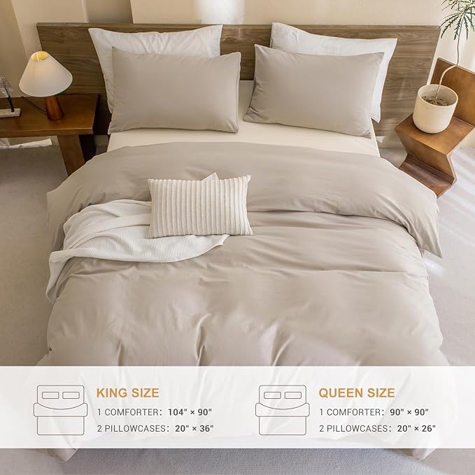 Sanracie Cotton Comforter Set Queen,Linen Like Textured Bedding Comforter for Queen Size Bed 3 Pieces(1 Solid Comforter and 2 Pillowcases) Soft Lightweight Bedding Set