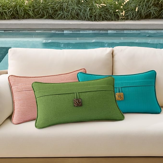 Outdoor Decorative Pillows with Coconut Button Pack of 4, 20" x 12" Outdoor Pillow Set for Couch Bed Throw Patio Sofa, Light Lotus Red