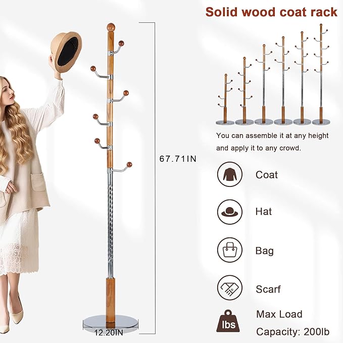 Coat Racks Freestanding, Natural Wood Coat Stands with 6 Hooks, 68" Heavy Duty Adjustable Height Vintage Hall Tree for Entryway, Bedroom, Office, Easy Assembly (Solid Wood Metal Hook)