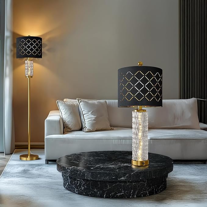 Oneach 63.75" Floor Lamp for Living Room, Modern Gold Lamp with LED Glass Night Light, Vintage Standing Lamp with Black Drum Lampshade, Unique Luxury Tall Lamp for Bedroom Home Office(Bulb Included)