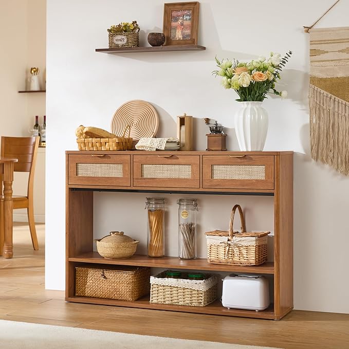 LEYAOYAO 48" Boho Rattan Console Table with 3 Drawers Set of 2,Wooden Entryway Table with Open Storage Shelf, 3 Tier Narrow Long Behind Couch Sofa Tables for Living Room, Hallway, Foyer, Brown