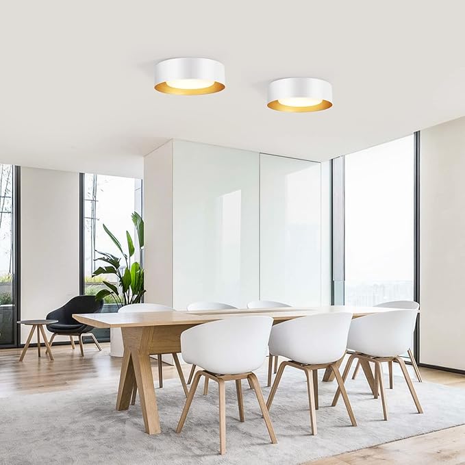 Vikaey Modern Mid Century Flush Mount Ceiling Light, 2-Light Minimalist Round Close to Ceiling Light Fixture, White Drum Ceiling Lamp with Glass Lampshade for Bedroom, Hallway, Kitchen, 12.5in