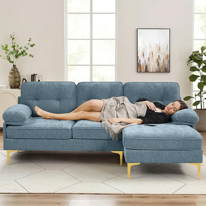 EASELAND 82" L-Shape Sofa with Reversible Chaise Lounge, Convertible Sectional Sofa Couch, Chenille Modern Sofa Couch for Living Room, Apartment and Office, Removable Cover,Blue
