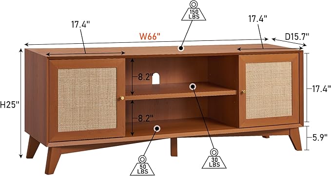 T4TREAM Rattan TV Stand for 75 Inch TV - Mid Century Modern Entertainment Center for Living Room, Large Boho Media TV Console with Storage Shelves, Cherry