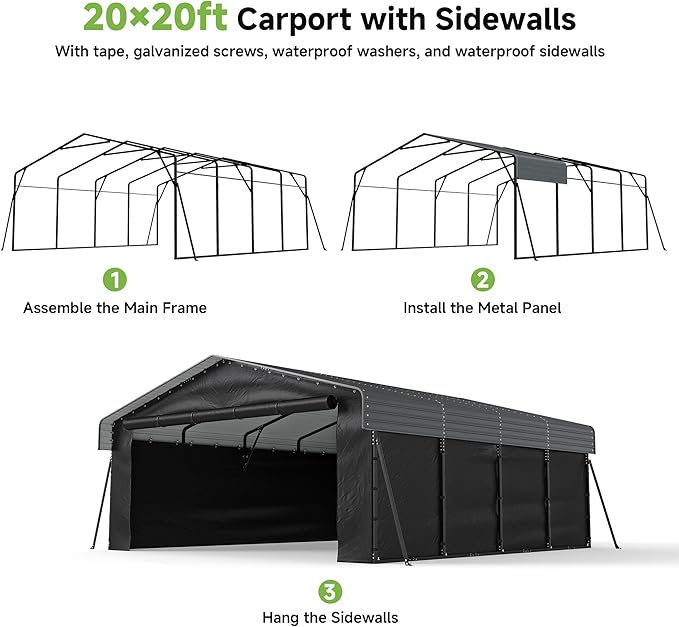 Real Relax 20x20ft Heavy Duty Metal Carport, Galvanized Steel Roof with Removable Sidewalls, 4 Support Legs, Outdoor Car Port Shelter for 2 Car Carport, Trucks and Boats