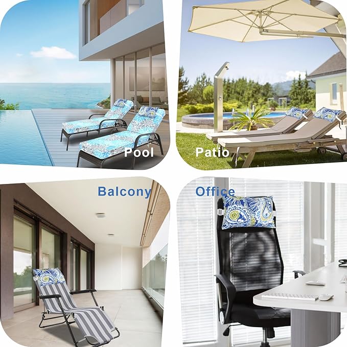 JMGBird Outdoor Pillow for Chaise Lounge Chair Set of 2 Waterproof Headrest Pillow Lumbar Pillows with Insert & Adjustable Elastic Strap for Beach Poolside Patio Office, 10x16 Inch
