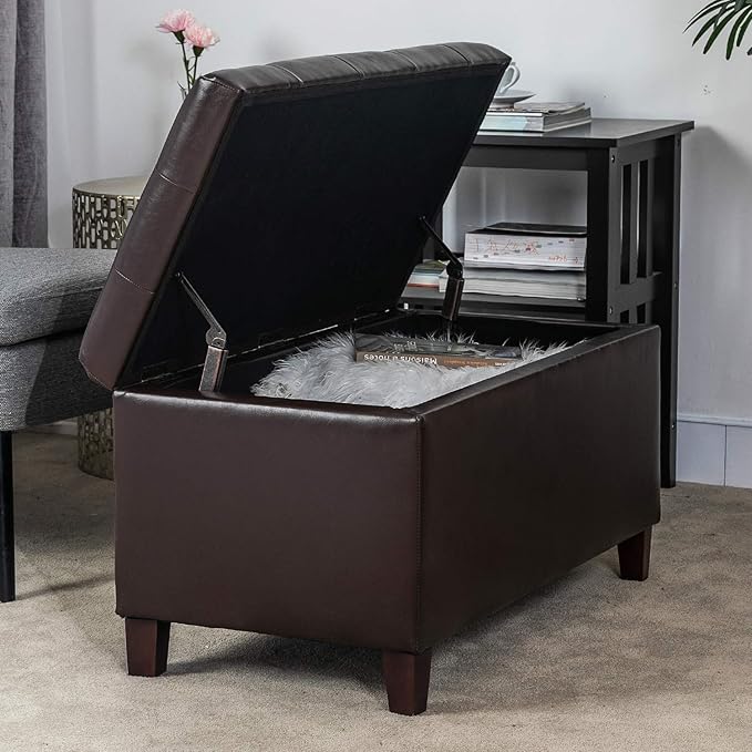 Joveco Storage Ottoman Bench, 33 Inches Faux Leather Rectangle Tufted Foot Stool for End Foot of Bed, Bedroom, Living Room, Brown