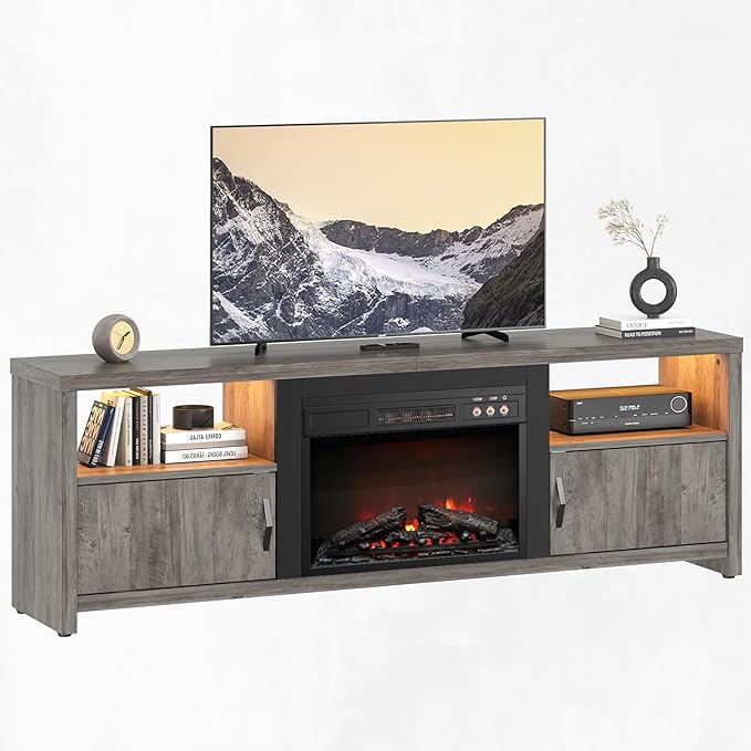 Bestier 70" Electric Fireplace TV Stand for TVs Up to 80", Modern Fireplace Entertainment Center with Storage Cabinets, LED Lights, Open Shelves and Cable Holes for Living Room, Grey