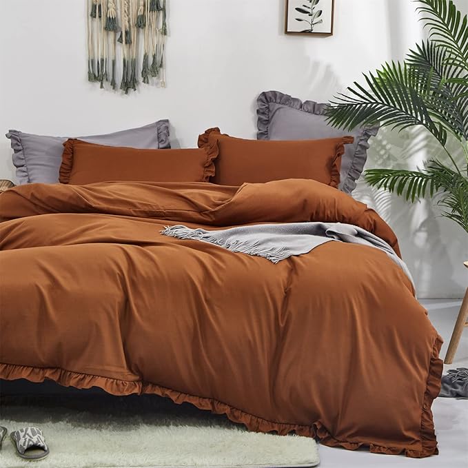 Luxlovery Pumpkin Color Ruffle Comforter Set Queen Farmhouse Rust Bedding Comforter Set Full Shabby Chic Solid Terracotta Blanket Quilts Vintage Bedding Set Women Men Adults