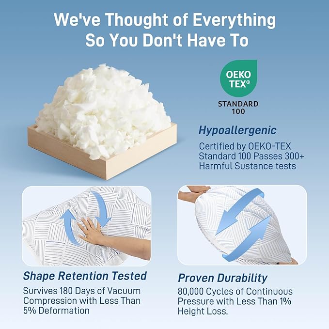 Shredded Memory Foam Cooling Soft Bamboo Viscose Pillows Queen Size Set of 2, Adjustable Hypoallergenic Hotel Quality Pillows for Stomach, Back and Side Sleeper, Oeko-TEX Certified