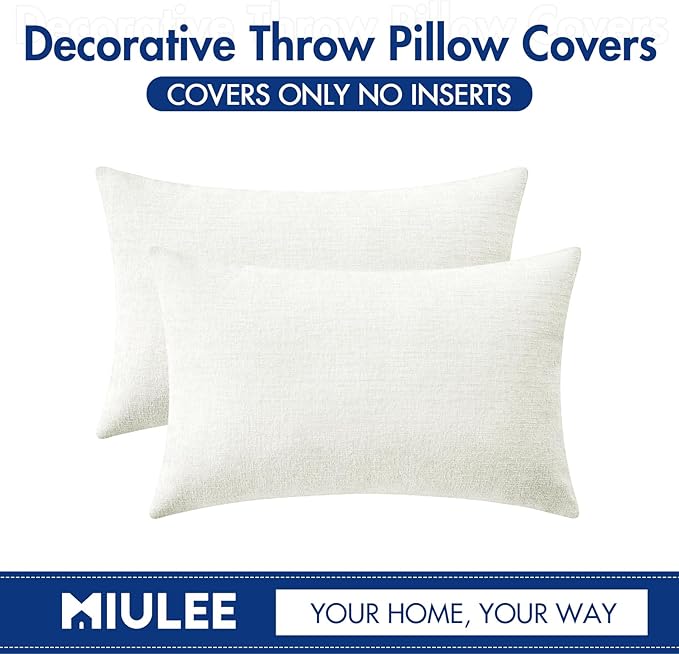 MIULEE Pack of 2 Couch Throw Pillow Covers 12x20 Inch Soft White Chenille Pillow Covers for Sofa Living Room Solid Dyed Pillow Cases