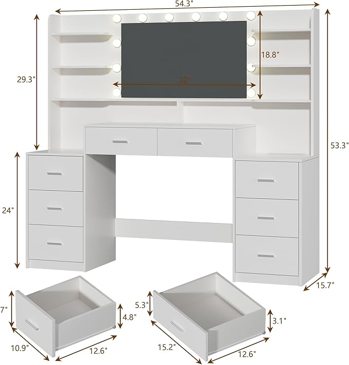 Large Vanity Desk with Mirror & Lights, White Makeup Vanity with 8 Drawers & 6 Storage Shelves, Vanity Set with LED Lights and Power Outlet, 3 Lighting Modes, Adjustable Brightness