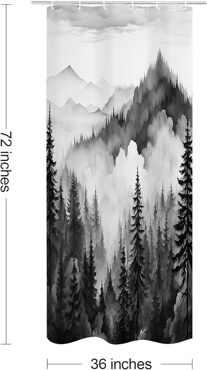 Black Small Stall Misty Pine Forest Shower Curtain 36 x 72, Mountain Foggy Woodland Scenery Tree Narrow Half Size Shower Curtains for Bathroom, Abstract Waterproof Nature-Themed Decor