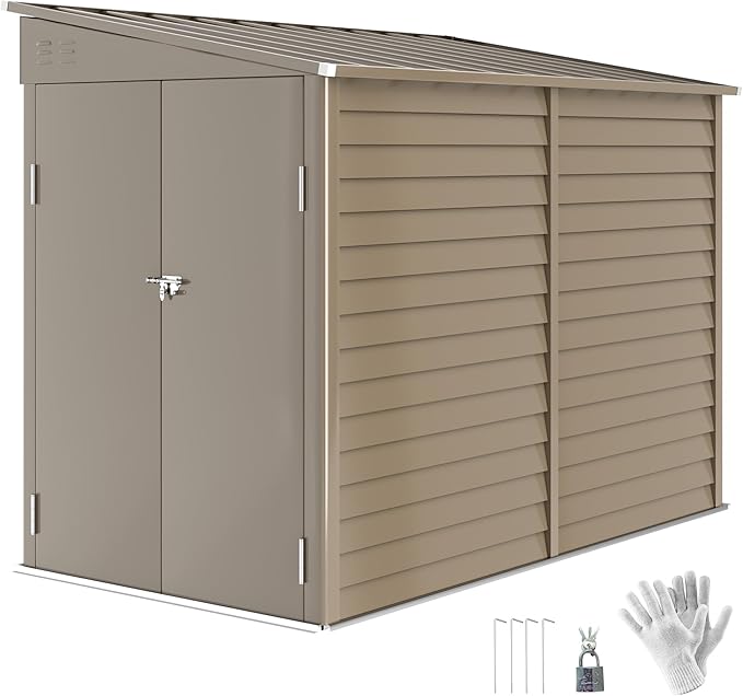 Outsunny 4.6' x 9' Steel Outdoor Storage Shed, Lean to Shed, Metal Tool House with Foundation Kit, Lockable Doors, Gloves and 2 Air Vents for Backyard, Patio, Lawn, Brown