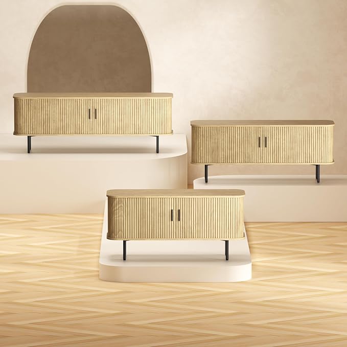 55" Natural Fluted TV Stand for TVs up to 65 Inch, Gaming Entertainment Center with Tambour Slatted Sliding Doors and Storage Cabinet, Media TV Consoles Table for Living Room, Office