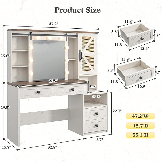 EnHomee 47.2" Farmhouse Makeup Vanity Desk with Sliding HD Mirror and Lights, White Vanity Table with 4 Drawers & RGB Cabinets, Modern Lighted Vanity Table for Bedroom, Antique White