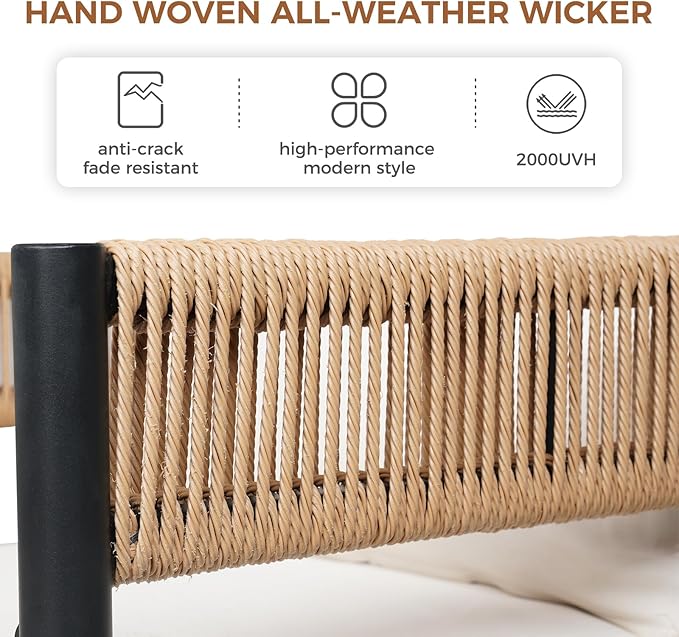 Grand patio Outdoor Dining Set for 6, 7PCS Patio Table and Chairs Set, Metal Woven Wicker Swivel Patio Chairs with Thickened Cushions & Rectangular Woodgrain Dining Table with Umbrella Hole (Natural)