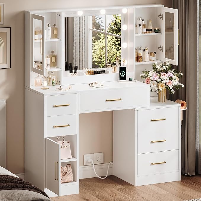 51" Vanity Desk with Mirror and Lights & Charging Station, Bedroom Dressing Table, Large Vanity Set, 6 Drawers and 2 Cabinets, Makeup Vanity Table with Charging Station, Without Stool