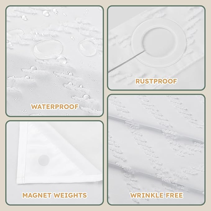 No Hook Shower Curtain and Snap in Liner Set White Tufted Chevron Striped Cloth Waterproof Washable Fabric Boho Farmhouse Bath Curtain See Through Mesh Top Window for Bathroom Hotel 71" x 86"