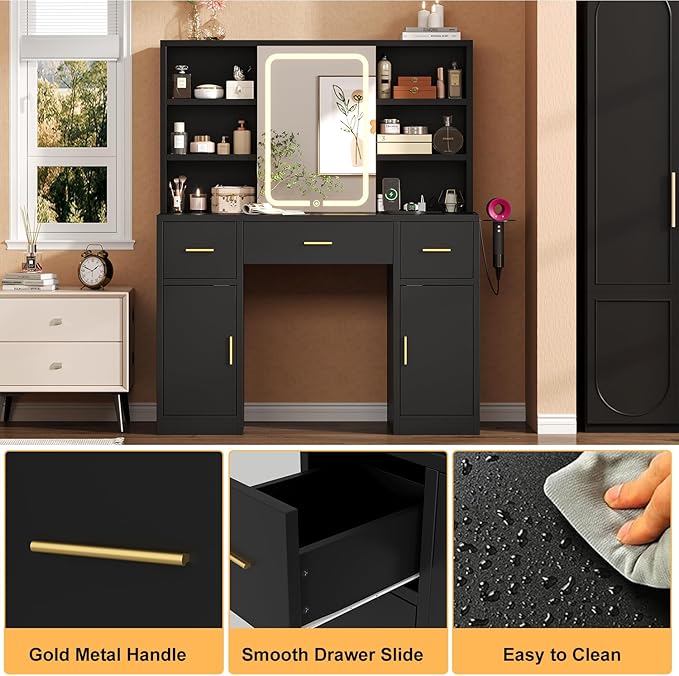 Vanity Desk with Sliding Mirror & LED Lights, Smart Makeup Table with Charging Station, Hairdryer Holder, 7 Shelves, 3 Drawers, 2 Cabinets, Vanity with Extra Hidden Stroage for Bedroom,Black