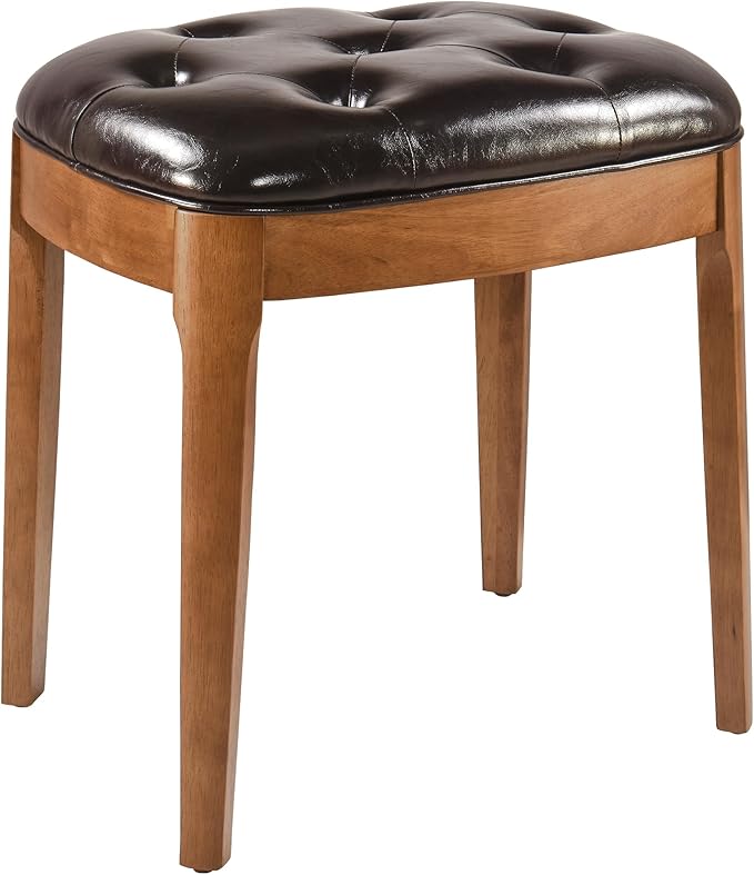Solid Wood Button Tufted Vanity Stool, Ottoman Stool with Wood Legs & Padded Seat PU Leather Upholstered Piano Bench with Non-Slip Foot Pads Accent Chair for Bedroom Entryway, Dark Brown