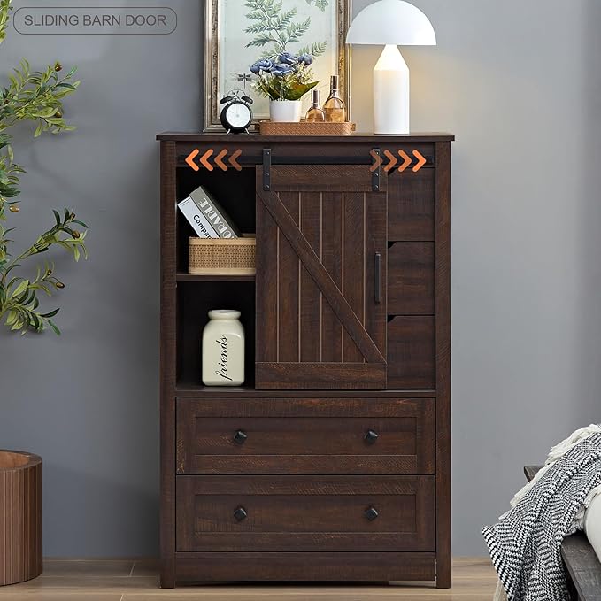 Farmhouse 5 Drawers Dresser for Bedroom, 48" Tall Dresser w/Sliding Barn Door, Rustic Dresser 5 Chest of Drawers, Storage Organizer Dresser for Bedroom, Hallway, Living Room, Dining Room, Espresso