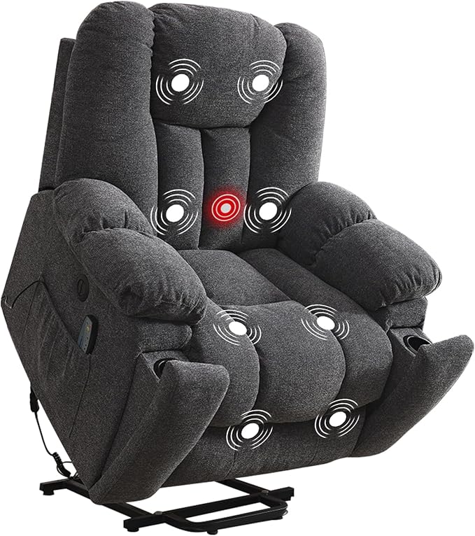 CANMOV Power Lift Recliner Chair with Massage and Heat for Elderly, Overstuffed Wide Recliners, Heavy Duty and Safety Motion Reclining Mechanism with USB Ports, 2 Concealed Cup Holders, Smoke Gray
