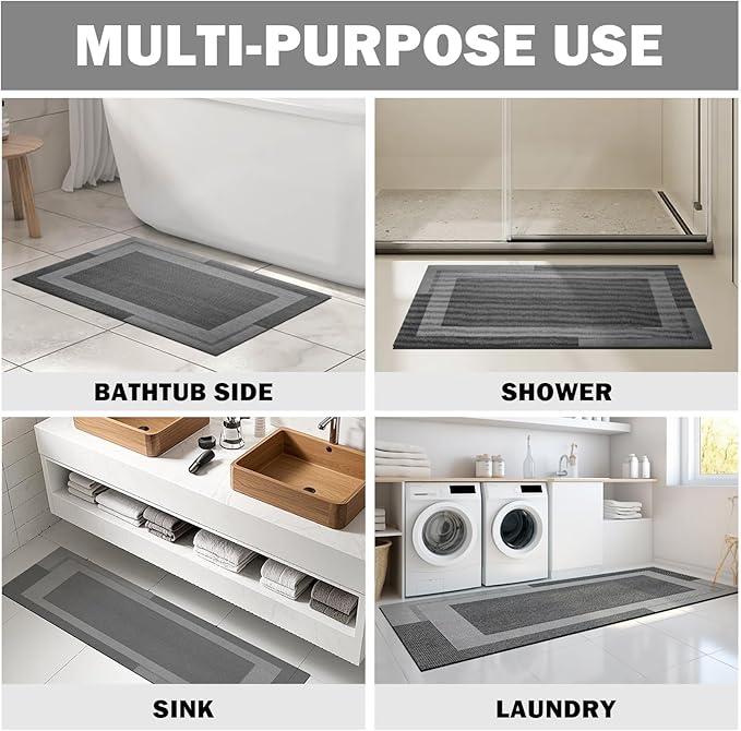 Non Slip Bath Mat, Rubber Backing Ultra Thin Bathroom Rugs Fit Under Door Quick Dry Super Absorbent Washable Bath Rug Shower Mat for Bathroom Floor Bathtub Sink, Easy Care Dark Grey 16"x24"