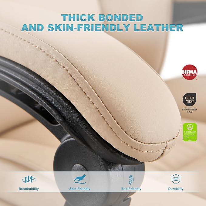 COLAMY Office Chair with Retractable Footrest, Ergonomic High Back Design Executive Computer Desk Chair with Removable Lumbar Pillow, 90-135°Reclining,Thick Bonded Leather for Home Office,2pcs-Khaki