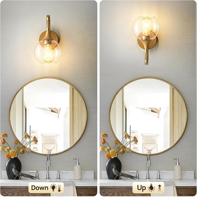 Gold Wall Sconce,1-Light Bathroom Vanity Lights Modern Wall Light Fixture with 4.9 Inches Clear Glass Shade, Wall Lamps for Bedroom Living Room Kitchen Stairway,E26