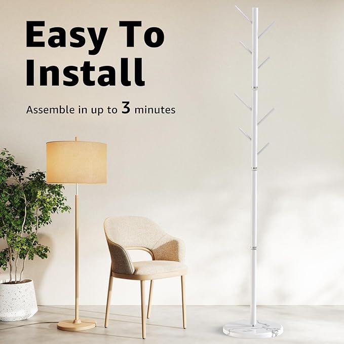 Coat Rack with Natural Marble Base, Metal Freestanding Coat Rack with 8 Hooks, 3 Adjustable Size Sturdy Coat Tree for Bags, Coats, and Hats for Entryway, Hallway, Bedroom, Office, White