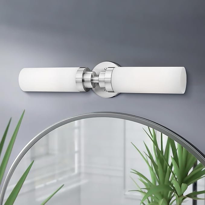 Emak Modern Brushed Nickel Bathroom Light Fixtures, 2-Light Vanity Lights for Mirror, 22 Inch Indoor Wall Sconces with Milk Glass Shade for Bathroom, Bedroom, Hallway, VL085-BN-ML-2