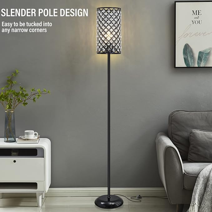 Crystal Floor Lamp, Modern Standing Lamp with Elegant Shade Black Floor Lamp with On/Off Foot Switch,Tall Pole Accent Lighting for Living Room, Girl Bedroom, Dresser, Office