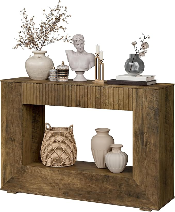 Farmhouse Console Table, 47 Inches Wooden Entryway Table with Storage, Fluted Sofa Table with 2 Handle-Less Drawers, for Entryway, Living Room, Foyer, Hallway, Dark Brown
