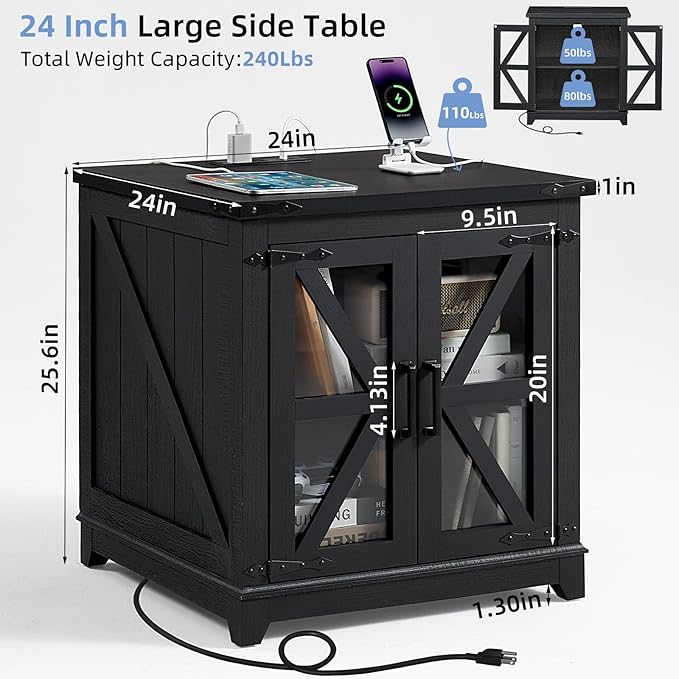 Farmhouse Coffee Table Sets 2 Pieces, Large End Side Tables with Charging Station and Coffee Table with Hidden Storage Compartment, Black Living Room Table Set, Wood Furniture Sets for Home Office