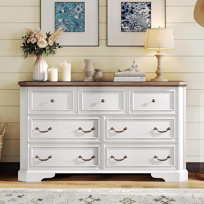 Farmhouse 54" 7 Drawers Dresser, Wood Rustic Chest of Drawers Dresser with Corner Bevel Shape, Closet Storage Dressers for Bedroom, Living Room, Hallway, Antique White