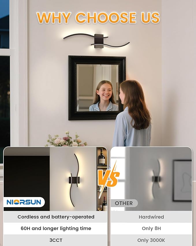 NIORSUN 39.4 Inch Battery Operated Wall Sconce Set of 2, Black Modern Rechargeable Wall Lights with Remote, 3CCT Dimmable Wireless Wall Lamp for Living Room Bedroom Hallway