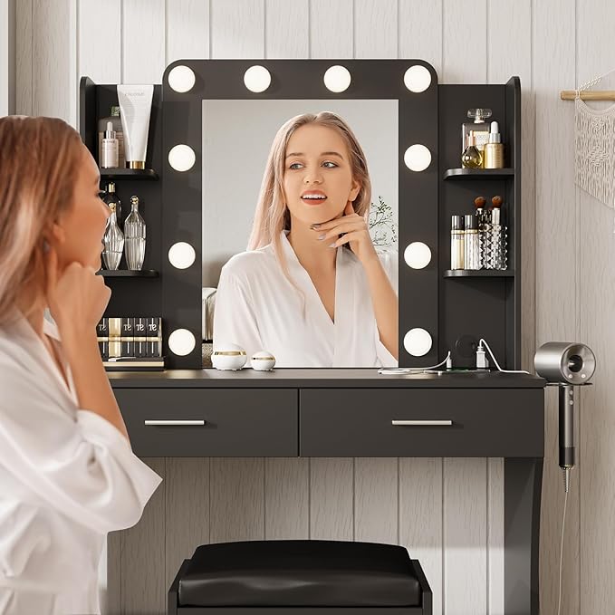 Maupvit Vanity Desk with Mirror and Lights,Makeup Vanity Table Set with Power Outlet,3 Lighting Modes & Adjustable Brightness Dressing Table with 2 Drawers for Bedroom Dressing Room,Black
