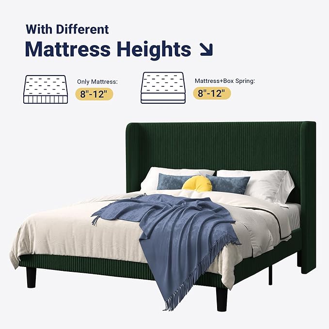 Allewie Queen Size Bed Frame with Upholstered Wingback Headboard, Vertical Channel Tufted Corduroy Velvet Platform Bed, Strong Wooden Slats Support, No Box Spring Needed, Easy Assembly, Dark Green