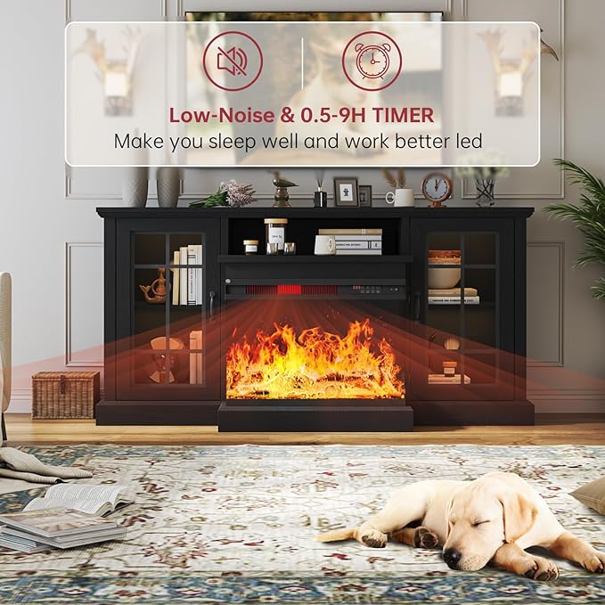 oneinmil Fireplace TV Stand with 3-Sided Glass, TV Cabinet for TVs up to 65", 59'' Modern Media Entertainment Center with Farmhouse Glass Door Storage Cabinets, for Living Room, Black