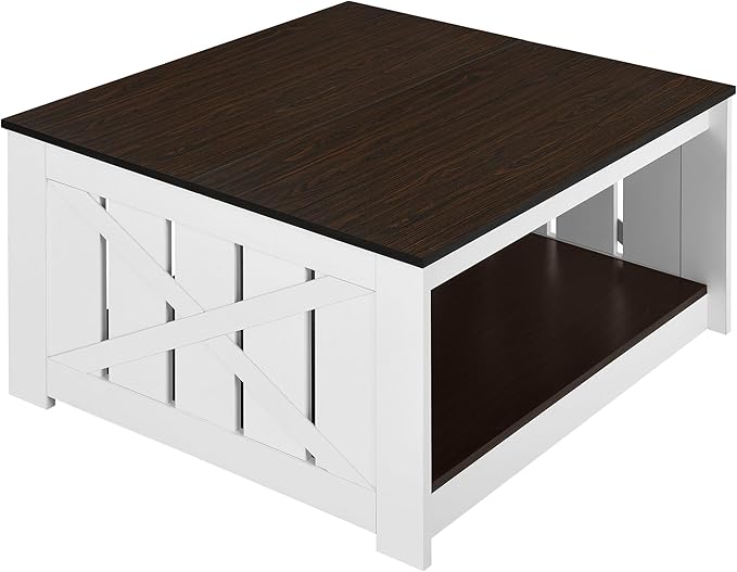 YITAHOME Farmhouse Coffee Table with Storage, 2 Tiers Rustic Wood Cocktail Table, Square Coffee Tables for Living Meeting Room with Half Open Storage Compartment, Deep Brown