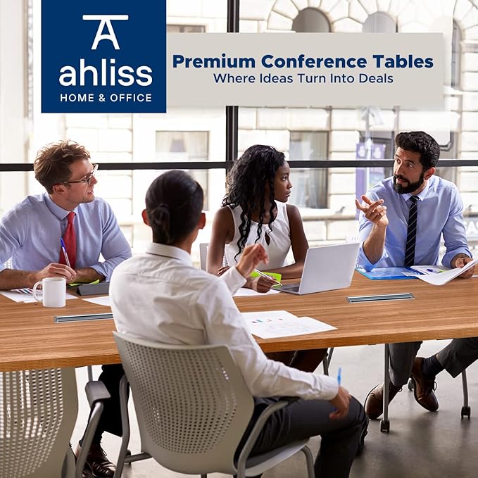 Sturdy Conference Table with Cable Management Grommets Modern Rectangle Office Meeting Table with Wood Tabletop and Metal Frame & Legs- Easy Assembly Boardroom Table (Natural, 8 Foot)