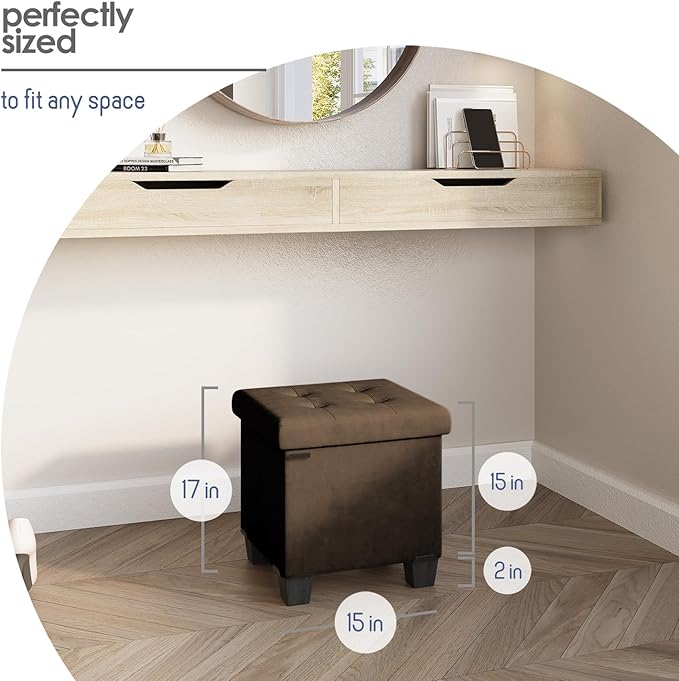 STORAGEBUD Storage Ottoman Cube with Small Bin, 15-in Square Ottoman with Storage for Living Room and Bedroom, Small Ottomans Foot Rest, Velvet Foot Stools Ottomans Max 330lbs, Brown