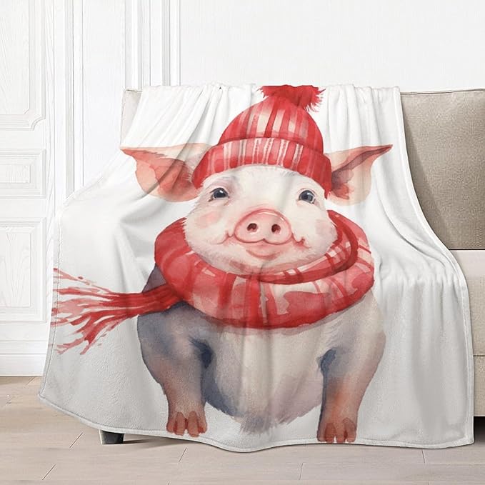 Christmas Winter Pig Fleece Throw Blankets Twin Size -Thick Fuzzy Warm Soft Twin Large Winter Blanket Throws for Bed 60x80 in