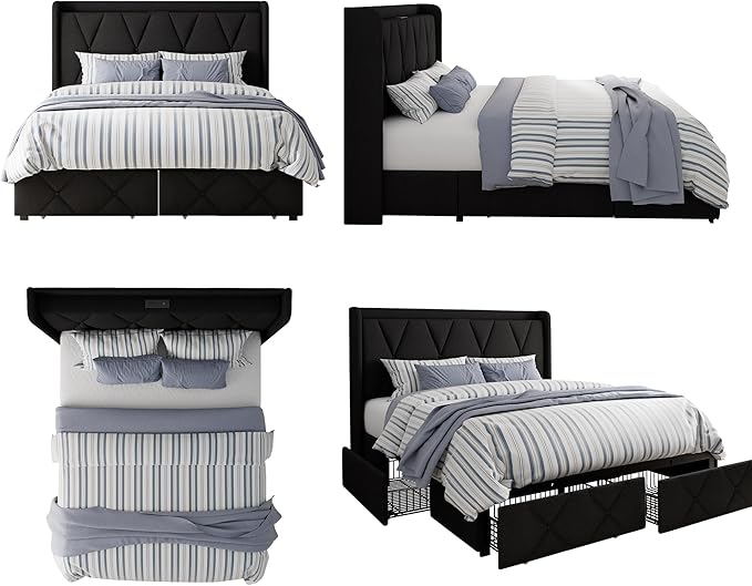 Queen Bed Frame with 4 Storage Drawers, Upholstered Platform Bed with Charging Station, Modern Wingback Storage Headboard, Easy Assembly,Noise-Free, Black