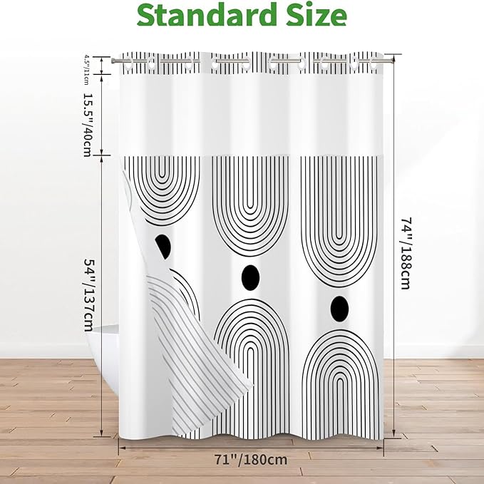 No Hook Shower Curtain with Snap in Liner, White and Black Mid Century Modern Arch Heavy Duty See Through Window Waterproof Machine Washable Bathroom Curtain 71" W x 74" L (Pack of 1)