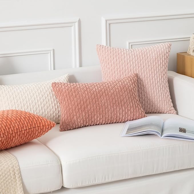 Kevin Textile Throw Pillow Covers Soft Corduroy Decorative Set of 2 Boho Striped Pillow Covers Valentines Day Pillowcases Farmhouse Home Decor for Couch Bed Sofa Living Room 22x22 Inch Baby Pink